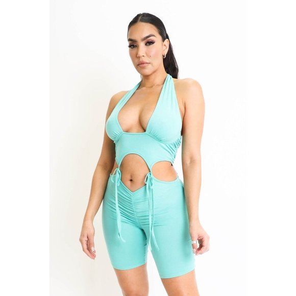 Womens Ruched Detailed Cutout Tie Waist Sleeveless Halter Open Back Romper S M L - Picture 2 of 12